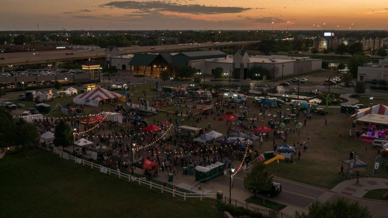 Aerial view of Bloktoberfest event at dusk.